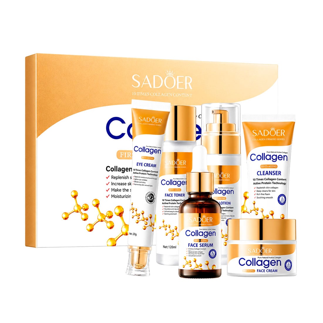 Набір для обличчя Sadoer Collagen Set (пінка для вмивання, 100 г + лосьйон, 80 мл + тонер, 120 мл + сироватка, 30 мл + крем, 60 г + крем, 20 г)